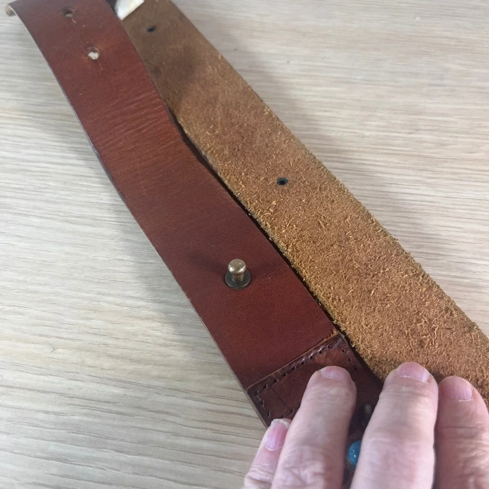 Vintage Brown Leather Studded Floral Turquoise Belt O-Ring Western Boho Cowgirl